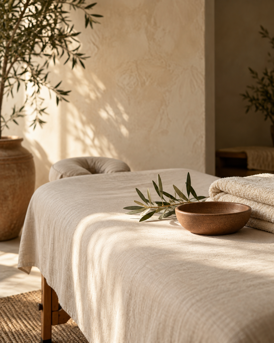 Warm sunlight, natural textures and soft linens in a peaceful wellness setting